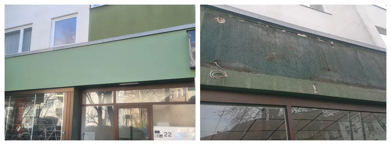 Vorher-Nachher-Vergleich einer Fassadeninstandsetzung an einer Gewerbeeinheit durch Mager Malermeister.
