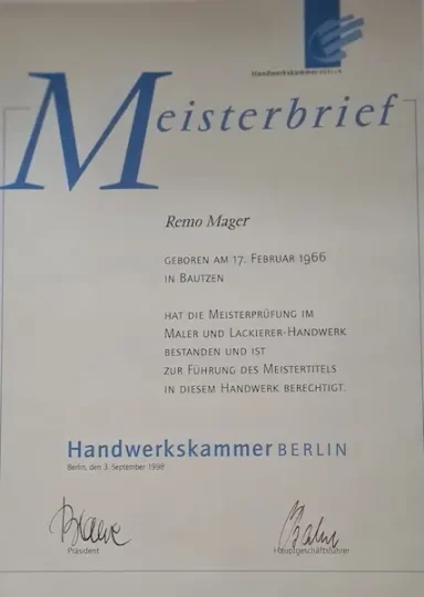 Meisterbrief von Mager Malermeister