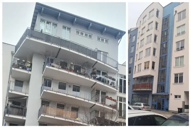 Neu gestrichene Fassade eines modernen Mehrfamilienhauses in Berlin Friedrichshain, professionell saniert von Mager Malermeister.